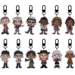 Puede incluir: Una colecci&oacute;n de llaveros tem&aacute;ticos de personajes. Cada llavero presenta una ilustraci&oacute;n de dibujos animados de una persona con atuendos y accesorios &uacute;nicos. Los llaveros est&aacute;n sujetos a cierres de metal negro.