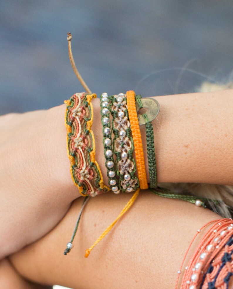 Green beaded string bracelet Wax thread stackable bracelets Etsy