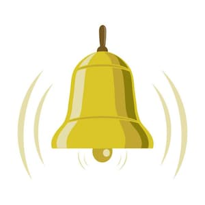 May include: A yellow bell with a brown handle, depicted with sound waves emanating from it. The bell has a rounded shape with a flared bottom and a small clapper. The image is a simple, cartoon-style illustration on a white background.
