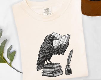 Raven Reading Book T-Shirt, Literary Bird Art, Book Lover Gift