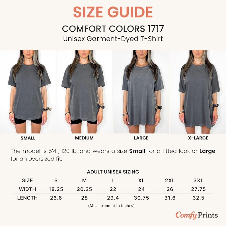 K&ouml;nnte beinhalten: Eine Gr&ouml;&szlig;entabelle f&uuml;r das Comfort Colors 1717 Unisex-T-Shirt mit Kleidungsst&uuml;ckf&auml;rbung. Die Grafik zeigt vier Bilder desselben grauen T-Shirts in den Gr&ouml;&szlig;en Small, Medium, Large und X-Large sowie eine Tabelle mit Breiten und L&auml;ngen in Zoll.
