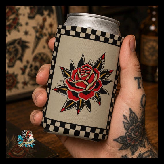 Checkered roseTattoo Beer Koozie | Flash tattoo Art Can koozie Gift for Tattoo Lovers