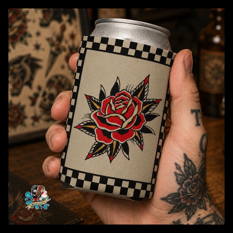 Funda para lata de cerveza con diseño de rosa a cuadros / Funda para lata con diseño de tatuaje flash Regalo para amantes de los tatuajes imagen 1