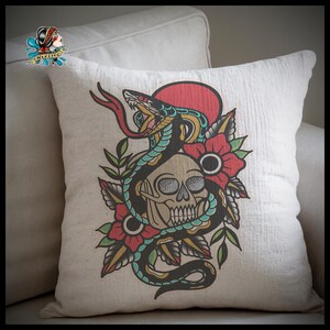 Tattoo Style Throw Pillow: Snake, Skull & Flowers Home Decor