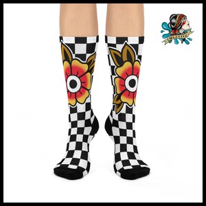 Bold checkered all over print socks unisex crew socks matching outfit ideas for dancer or sports team novelty gift idea for teen