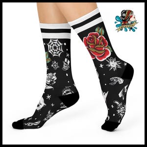 Black all over print sock with traditional tattoo socks for birthday present or gift for him or her unisex cotton novelty matching sock idea