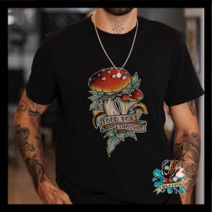 Food For thought Mushroom Tshirt Black tattoo inspired tshirt design Gift for her perfect gift for the tattoo artist  or mushroom lover