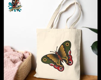 Butterfly Tattoo Cotton Canvas Tote Bag: Reusable Shopping Bag