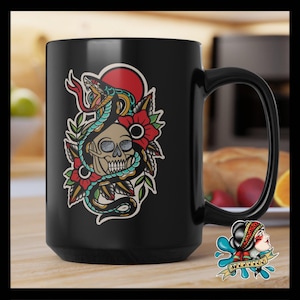 Coffee Mug with Skull and Cobra Traditional tattoo Tattoo Mug Mug 15oz Coffee Lovers Tattoo Lovers Tattoo Gifts,Tattoo Artist Gift