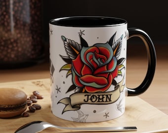 Taza de café personalizada con nombre: Rosa tatuada, regalo personalizado
