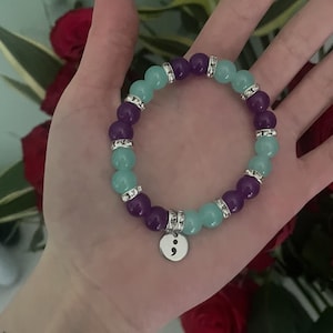 Natural Glass Bead Bracelet, Suicide Awareness, Thinking of you gift, Semicolon charm, Premium Materials - Handmade