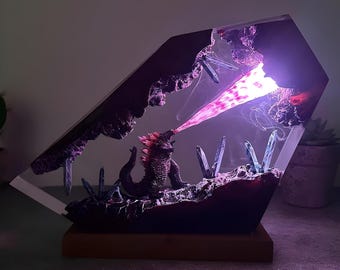 Godzilla Epoxy Resin Lamp: Burning Monster Diorama Night Light