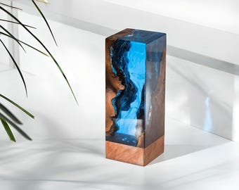Deep Blue Sea Epoxy Resin Lamp: Wood Night Light, Custom Desk Lamp
