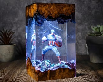 Handmade Captain America Diorama Lamp: Wood & Epoxy Resin Night Light