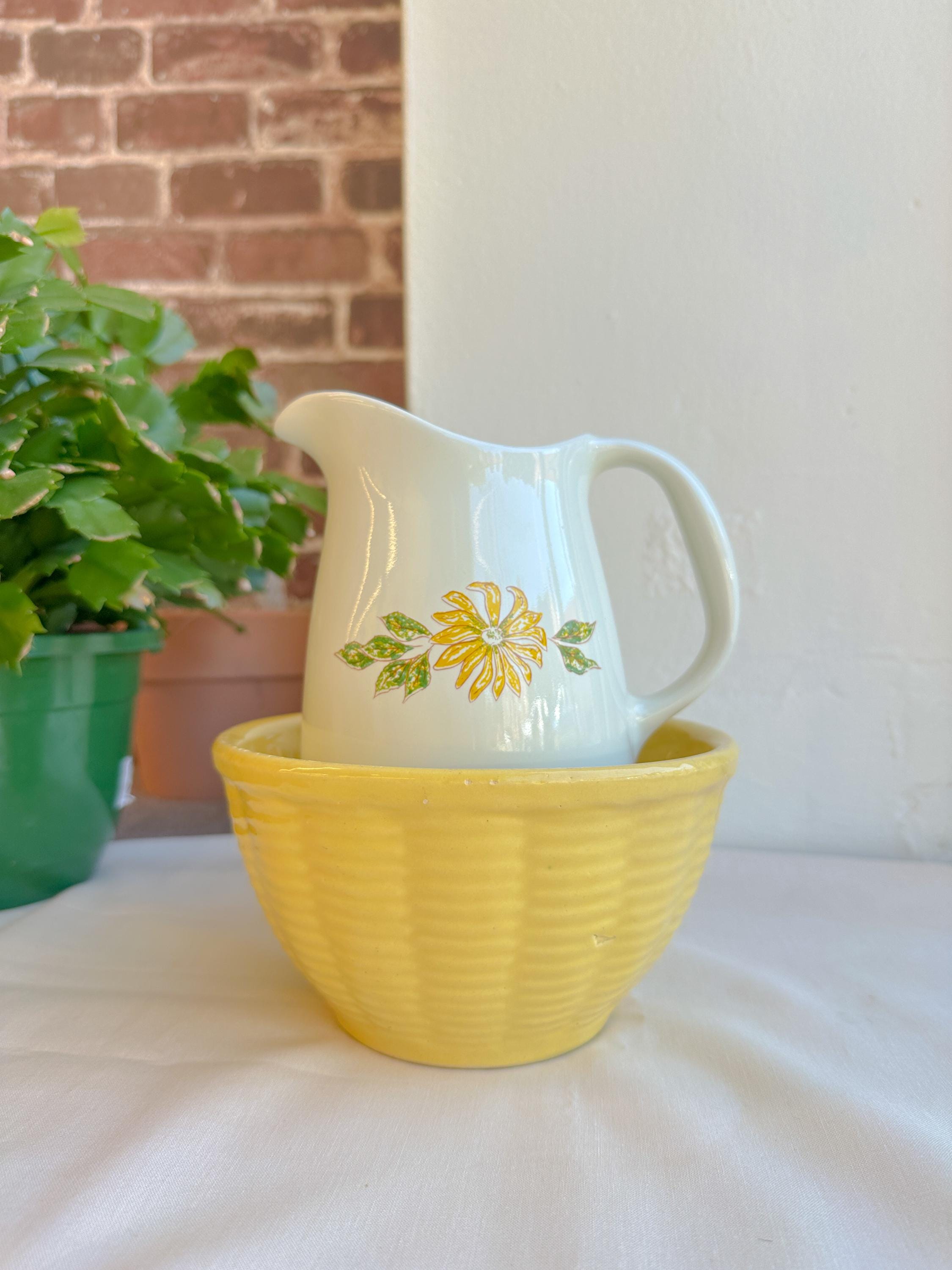 vintage Watts USA Yellow Ovenware basket weave bowl