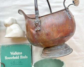 antique scuttle pot planter with porcelain handle || copper scuttle pot || antique scuttle pot planter