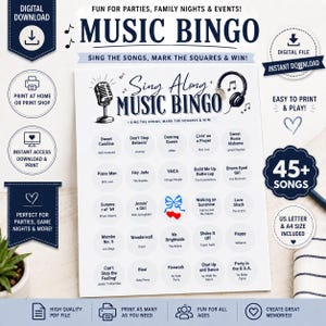 May include: A white Music Bingo game card featuring a grid of song titles and artists, decorated with a microphone and headphones illustration. The text reads Sing Along Music Bingo, Fun for Parties, Family Nights & Events, and 45+ Songs.