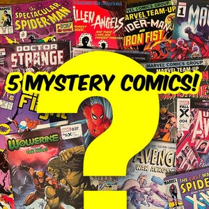 May include: A yellow question mark with the text "5 MYSTERY COMICS!" in front of a collection of comic books featuring characters like Spider-Man, Wolverine, and Iron Fist.