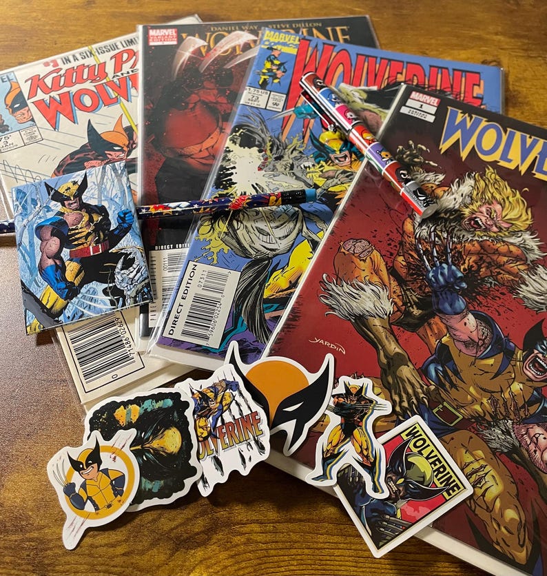May include: A collection of comic books featuring the Marvel Comics character Wolverine. The comics are in various colors and feature different covers. There are also several stickers with the Wolverine logo and character.