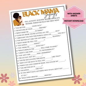 Black Mama Sayings Game, Black Mama Sayings-spel, Black Mama Sayings-spel, leuk babyshowerspel, zwarte babyshower, activiteit babyshower