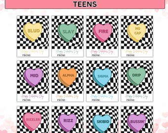 Corazones de caramelo con jerga adolescente para San Valentín, San Valentín para clases, San Valentín para preadolescentes, San Valentín divertido para niños, imprimible, estudiantes de secundaria, generación Z, generación Alfa