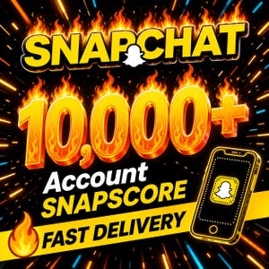 Puede incluir: Un gráfico digital con el texto SNAPCHAT y un icono de fantasma, seguido de 10,000+ Account SNAPSCORE y FAST DELIVERY. El diseño incluye un teléfono inteligente con el logotipo de Snapchat, rodeado de llamas naranjas y estelas de luz.