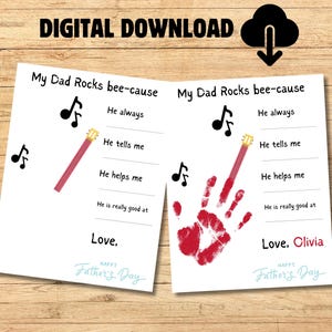 My Dad Rocks Father's Day Gift Present, Father's Day Music Printable, Kids' Handprint,  Keepsake Crafts for Pre-K and Kindergarten Children
