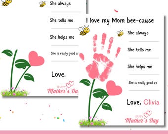 I Love My mommy/mom Because Handprint, Mothers Day Handprint Art, Fathers Day Handprint Craft keepsake, All about my mom/Mommy printable