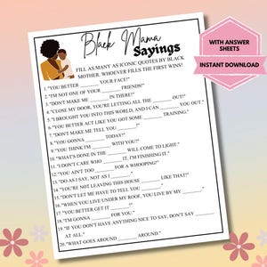 Black Mama Sayings Game, Black Mama Sayings-spel, Black Mama Sayings-spel, leuk babyshowerspel, zwarte babyshower, activiteit babyshower