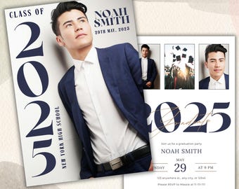 May include: Graduation party invitation with a photo of a young man in a blue suit and a white shirt. The invitation is for Noah Smith, graduating on May 29th, 2025. The invitation includes the text "Class of 2025" and "New York High School".
