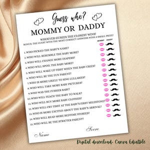 Guess Who Mama oder Papa Spiel Baby Shower Party Spiel Mama oder Papa Spiel Baby Shower Party Spiel Wer hat es gesagt Trivia Spiel Minimalistisches Spiel Mama oder Papa