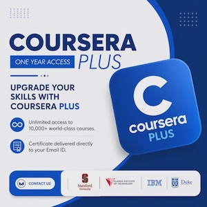 Può includere: Una grafica promozionale per Coursera Plus con un'icona quadrata blu e un logo C bianco. Il testo include Coursera Plus, One Year Access, Upgrade Your Skills e menziona l'accesso illimitato a oltre 10.000 corsi, certificati e loghi partner.