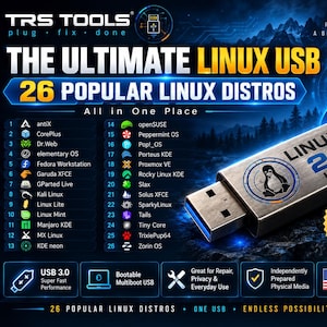 May include: A metallic USB 3.0 flash drive labeled Linux 26 in 1 with a Tux penguin logo. The graphic displays a list of 26 Linux distributions, including antiX, Fedora, and Zorin OS, against a dark blue background with mountain imagery.