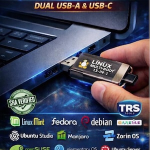 May include: A black and silver 13-in-1 Linux Multi-Boot USB drive with dual USB-A and USB-C connectors is plugged into a laptop. The drive features the text "LINUX MULTI-BOOT 13-IN-1" and a penguin logo. The image also displays various Linux distributions.