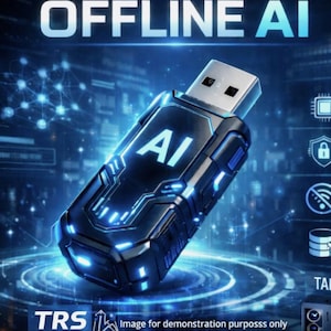 May include: A futuristic-looking USB drive with the text "AI" and "OFFLINE AI" on a blue and black background. The image also includes text about instant processing, enhanced privacy, and full data control.