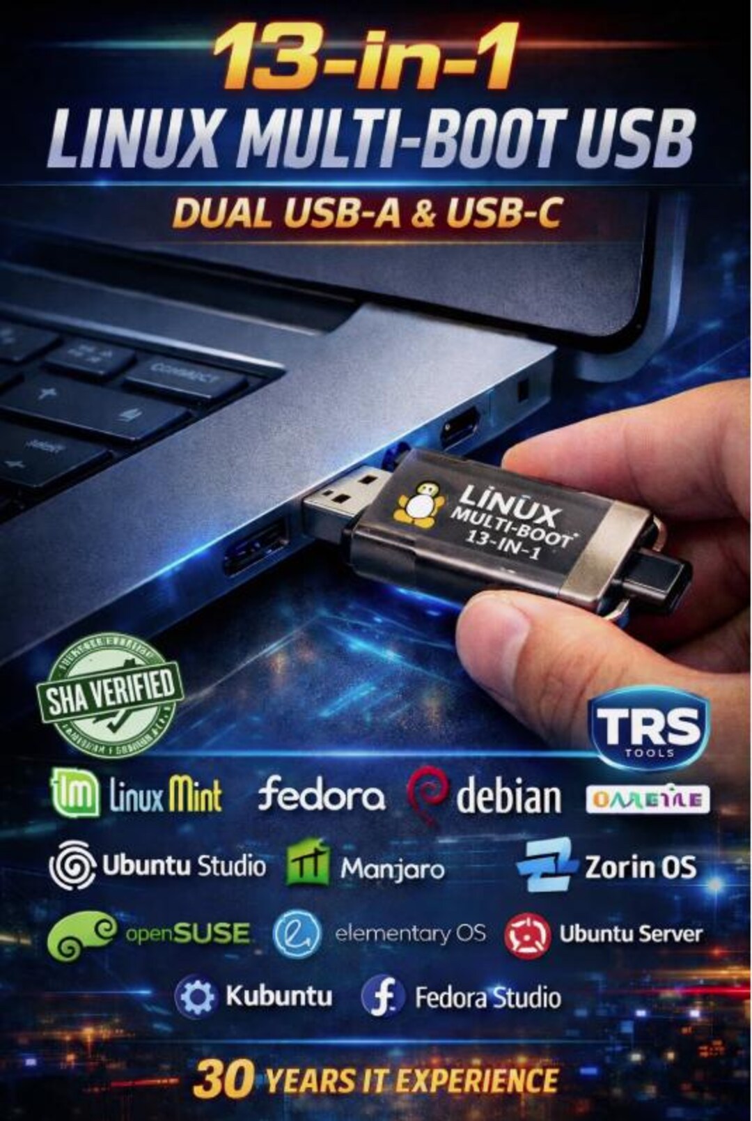 Linux Official Usb Linux 13-in-1 Live USB | Dual Usb-a & Usb-c Bootable Multi-distro ...