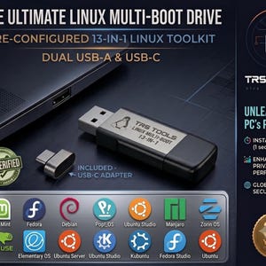 May include: A black and silver USB flash drive labeled THE ULTIMATE LINUX MULTI-BOOT DRIVE, PRE-CONFIGURED 13-IN-1 LINUX TOOLKIT, with a USB-C adapter. The drive features logos for Linux Mint, Fedora, Debian, Pop!_OS, Ubuntu Studio, Manjaro, and Zorin OS.