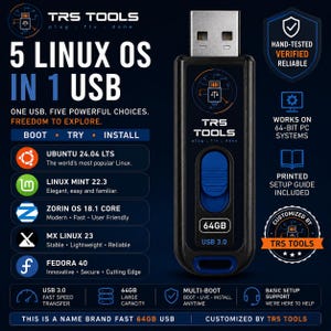 May include: A black 64GB USB 3.0 flash drive with a blue sliding mechanism, featuring the TRS TOOLS logo. The text includes 5 LINUX OS IN 1 USB, listing Ubuntu, Linux Mint, Zorin OS, MX Linux, and Fedora. It highlights hand-tested reliability.