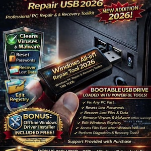 May include: A promotional image for a Windows All-in-1 Repair USB 2026. The USB drive is black and silver, with text indicating it can fix PCs, reset passwords, and recover data. Includes a bonus offline driver installer.