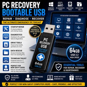 May include: A black 64GB USB 3.2 flash drive labeled PC RECOVERY USB BOOTABLE TOOLKIT with a white plus sign icon. The background displays text detailing features like startup repair, diagnostics, drive tools, and data rescue for Windows PCs.