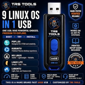 May include: A black 64GB USB 3.0 flash drive with a blue sliding mechanism and the TRS TOOLS logo. The background displays text detailing 9 Linux operating systems, including Pop!_OS, Kubuntu, MX Linux, Linux Lite, and Lubuntu, with features like multi-boot, fast speed transfer, and a printed setup guide.
