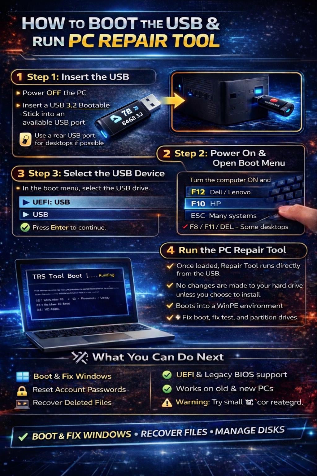 Computer Repair Usb Toolkit Pro-grade Bootable Recovery Toolkit (64GB) USB 2026 | Offline PC ...