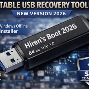 May include: A black USB drive labeled "Hiren's Boot 2026" with "64 GB USB 3.0" printed on it. The image includes text that says "BOOTABLE USB RECOVERY TOOLKIT" and "NEW VERSION 2026". It also mentions a "BONUS: Windows Offline Driver Installer".