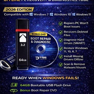 May include: A black and red 64GB bootable USB flash drive and a bonus DVD for boot repair and diagnostics. The image includes text that reads "BOOTABLE WINDOWS REPAIR USB 2026" and "READY WHEN WINDOWS FAILS!"