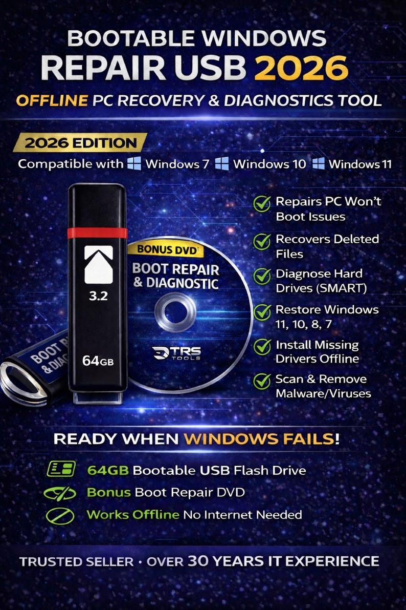 Usb Checking Bonus Bootable Windows Repair USB 2026 | Offline PC Recovery & Diagnostics ...