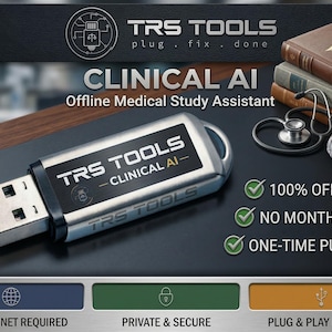 May include: A silver USB drive with the text "TRS TOOLS CLINICAL AI" is displayed. The image also shows a stethoscope, a brain model, and medical books. The text highlights "100% Offline AI" and "One-Time Purchase."