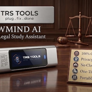 May include: A silver USB flash drive labeled TRS TOOLS with a digital display screen. Beside it, a gold-toned plaque lists features: 100% Offline Legal AI, Privacy-Focused Drafting, No Cloud Dependency, One-Time Purchase, and Portable Law Modules.