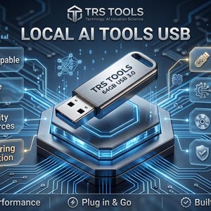 May include: A silver 64GB USB 3.0 flash drive labeled TRS TOOLS, centered on a dark blue circuit board background. Surrounding text boxes highlight features: Offline-Capable, Local-Use Focused, Community AI Resources, No Recurring Subscription, OS Compatible, Prepared Physical Media, Prepared & Tested, Reliable Performance, Plug in & Go, and Built for Quality.