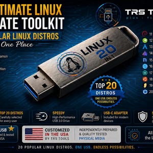 May include: A metallic USB 3.0 flash drive labeled Linux 20 in 1 with a Tux penguin logo. The drive is presented on a dark blue background featuring a list of 20 Linux distributions, including Ubuntu, Debian, and Fedora, alongside technical specifications.