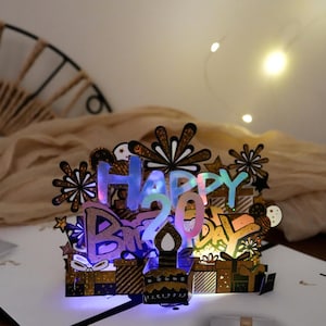3D pop-up lichtgevende verjaardagskaartenset, kaart met muziek, kaart met leeftijdstags, cadeau voor kinderen, volwassenen, feestdecor, gepersonaliseerde wenskaart